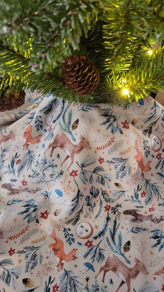 One Velvet Holiday Tree Skirt "Silent Night Gold" Christmas Home Decor. Festive Floral Fabric. Boho Woodland Animals and Plants. Reindeer