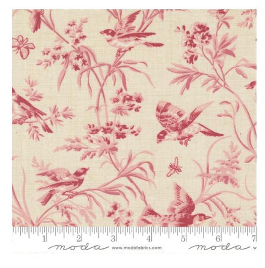 One Curtain Panel "Aviary De Trianon Florals Birds Butterflies Pearl Faded Red" fabric Antoinette French General